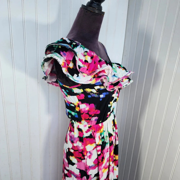 H&M Womens Dress sz 4 One Shoulder Bright Abstract Print Midi Ruffle Pink White - Picture 3 of 13